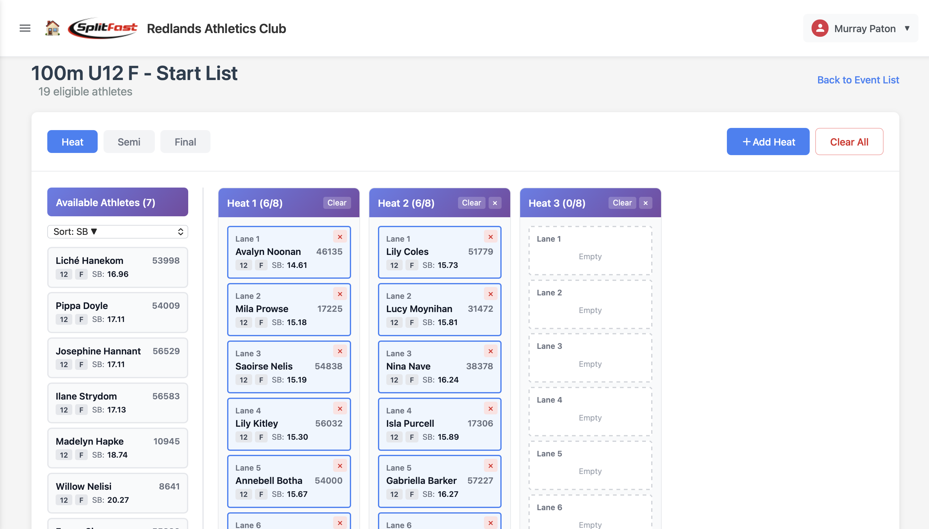 SplitFast Results Portal Start List editor showing Available Athletes panel and heat allocation with drag-and-drop lanes